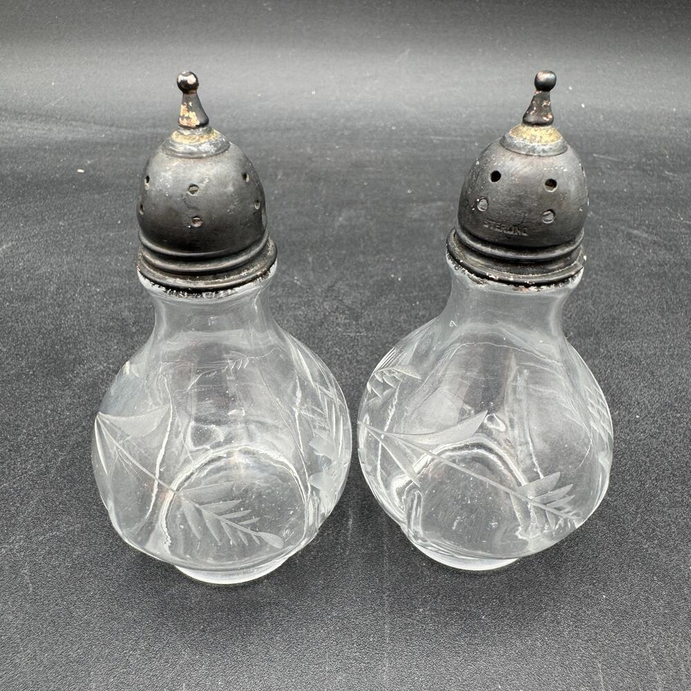 Antique Period Salt Pepper Shakers Sterling Silver Etched Glass